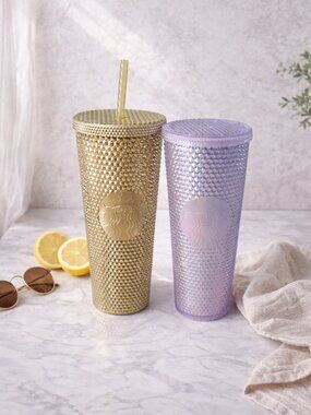 (2) Starbucks Studded Tumblers Gold Iridescent Venti 24oz ✨​